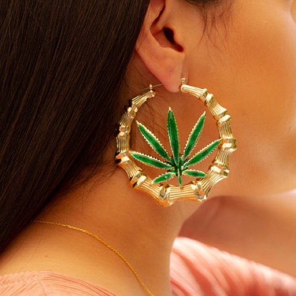 Jennifer & Co. Jewelry - NWT Weed Leaf Bamboo Faux Gold Hoops 2.75”
